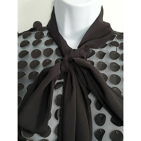 Nha Bhanh Sheer Small Button Down Black Shirt Circles w/Gold Trim Pussy Bow - Picture 4 of 10